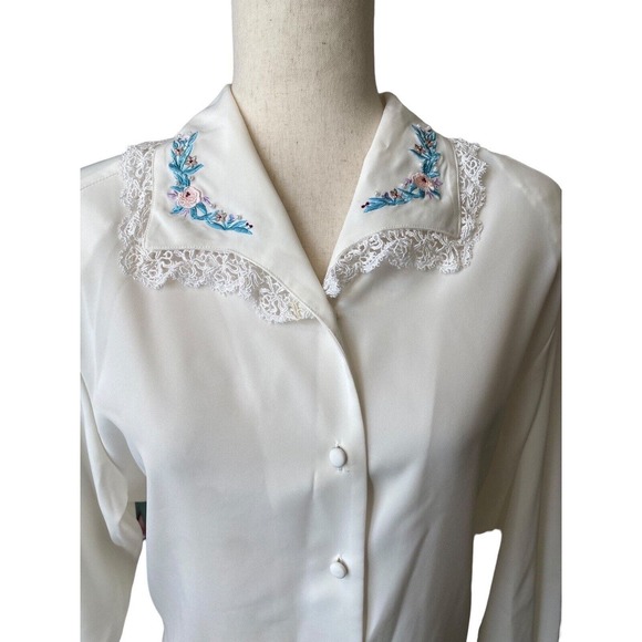 Secretary Blouse Top Lace Embroidered Floral Cottage Core Vintage 90s P Large‎ - Picture 1 of 5